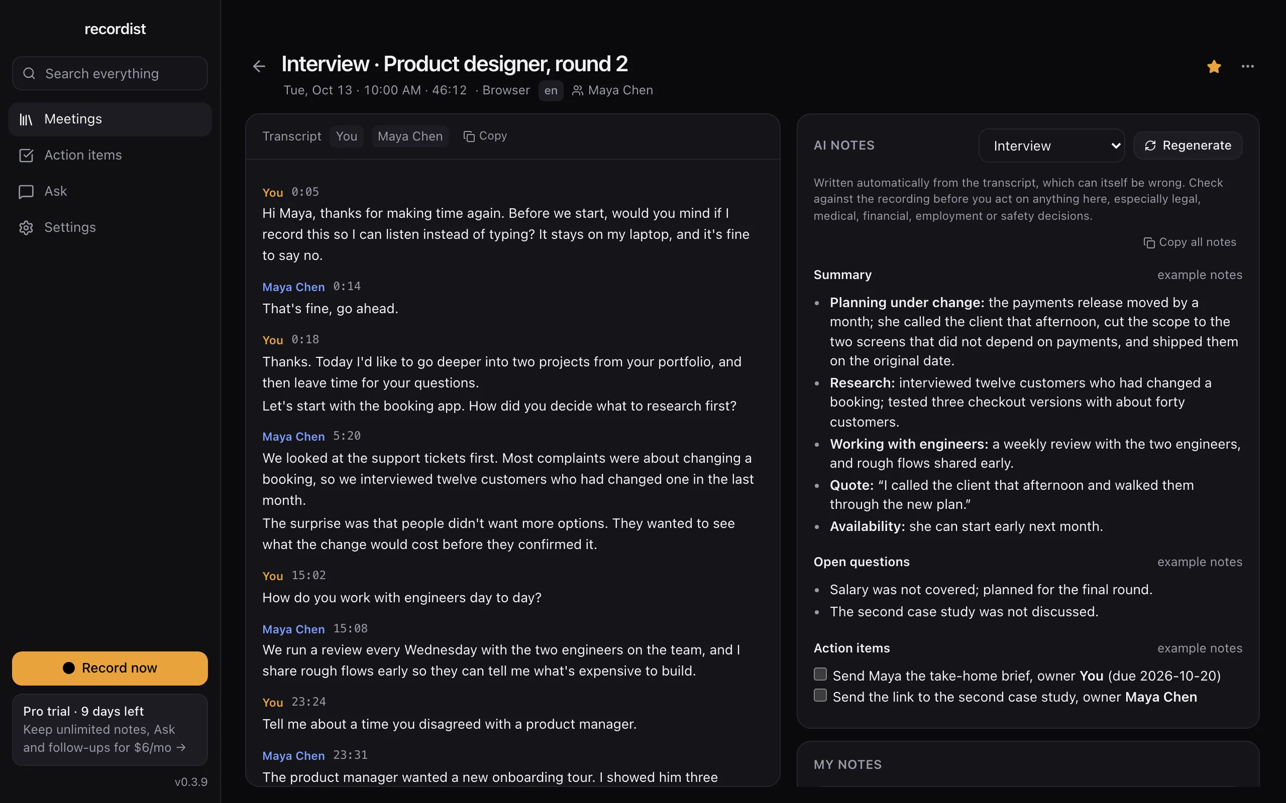 A recorded interview in Recordist: the transcript on the left with timestamps, and AI notes on the right using the Interview template, with a summary, open questions and action items.