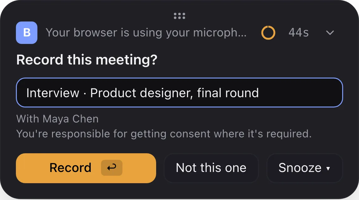 The Recordist card that appears when a call starts: Record this meeting? with the meeting title, the attendee, a reminder about consent, and the buttons Record, Not this one and Snooze.