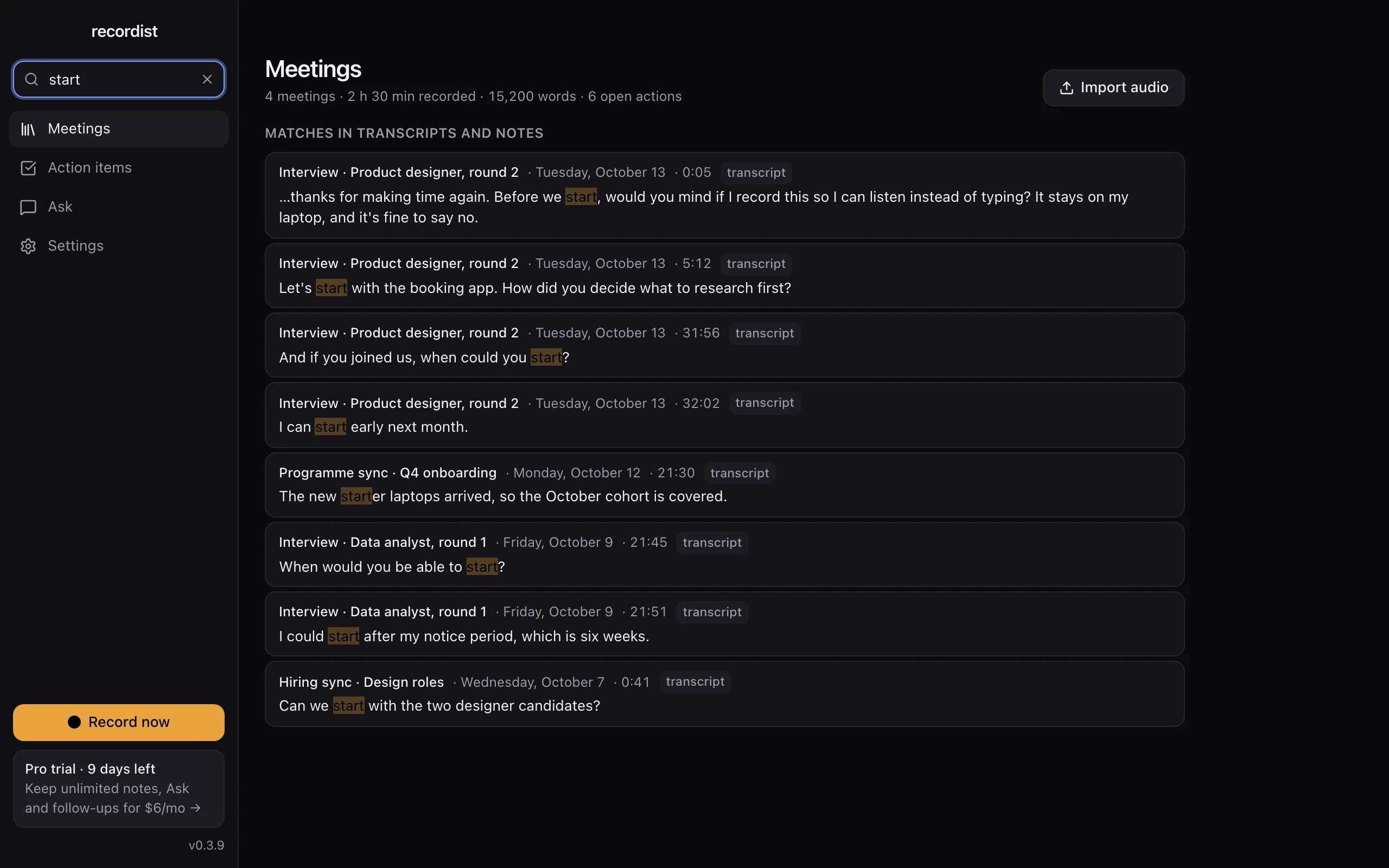 Recordist search results for the word start, showing matching sentences from three meetings with their dates and times.