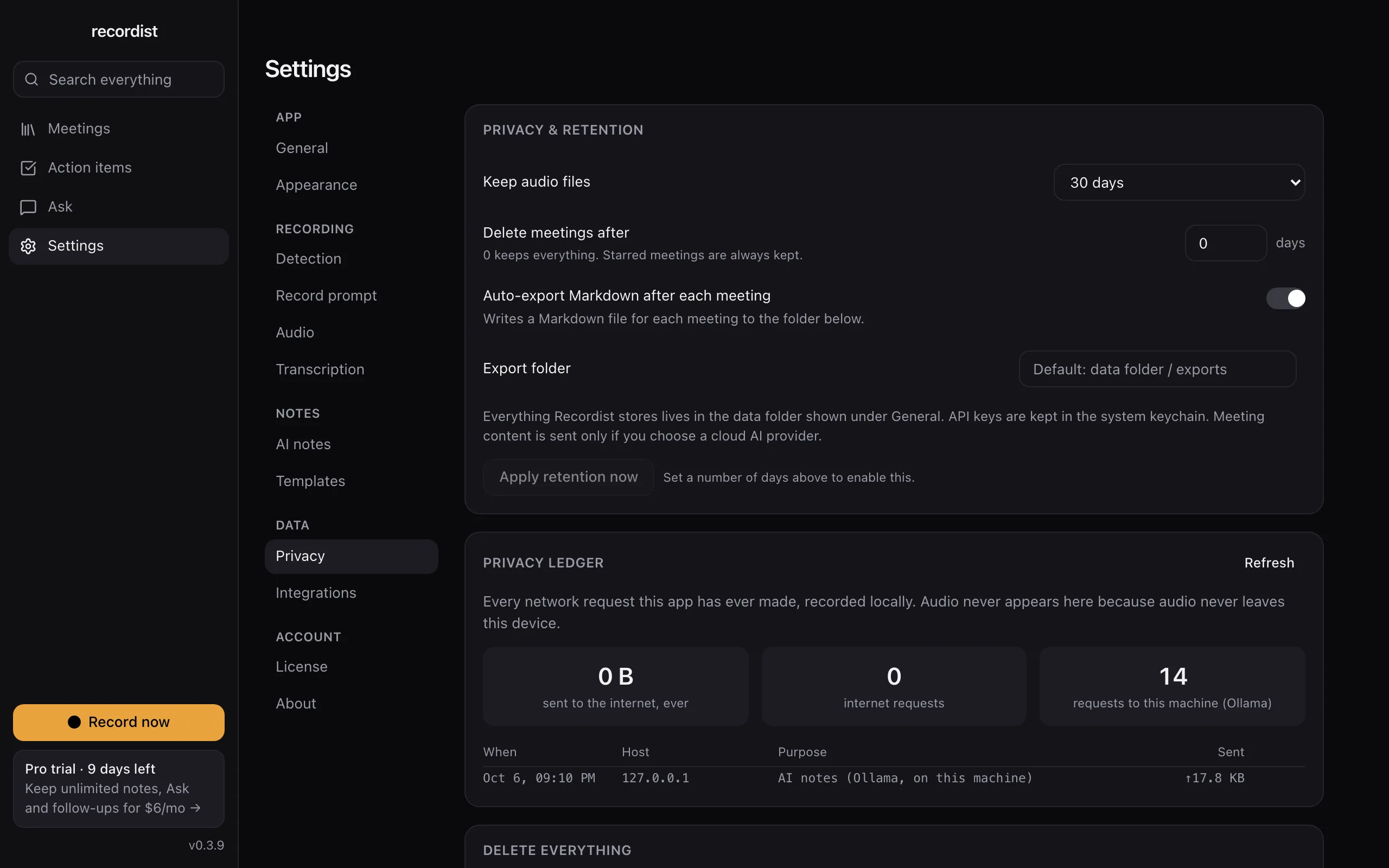 Recordist Privacy settings: keep audio files for 30 days, delete meetings after a number of days, and the Privacy Ledger showing zero bytes sent to the internet.