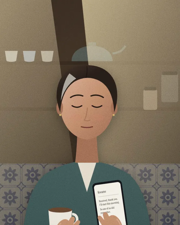 Cut-paper illustration: a woman with dark hair and a grey streak, calm, a coffee in one hand, reading a reply on her phone in a tiled café.