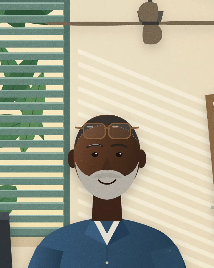 Cut-paper illustration: a smiling older man with a grey beard, glasses pushed up on his head, at his desk by a shuttered window, an architectural drawing on the wall behind him.