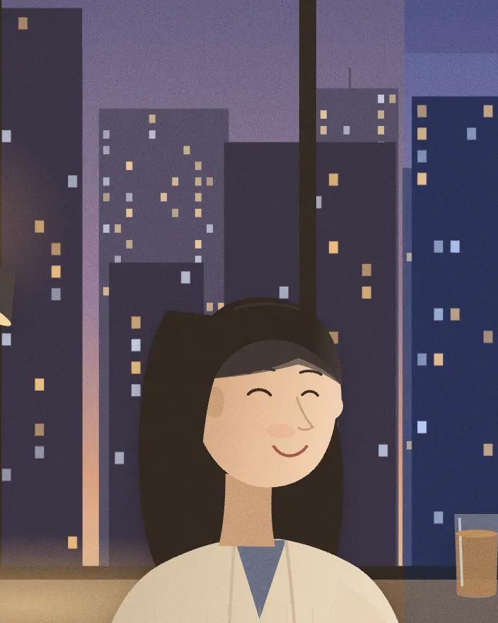 Cut-paper illustration: a young woman with long dark hair, smiling, in front of a window of lit city towers at dusk, sticky notes beside her screen.